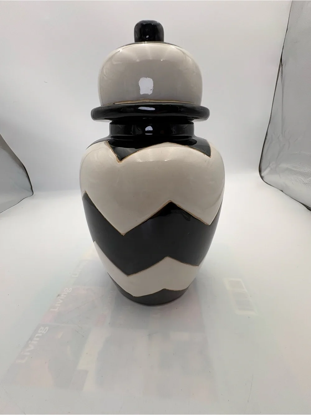 Retired Nate Berkus Black and White Chevron Striped Ceramic Ginger Jar with Lid